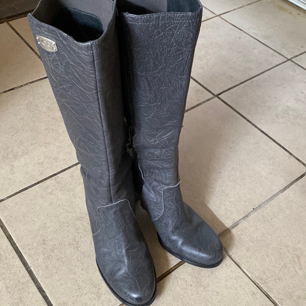 Ugg embossed gray leather knee high boots.